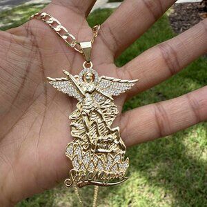 San Miguel St Michael Archangel Bling Crystal Pendant Miami Cuban Chain Necklace
